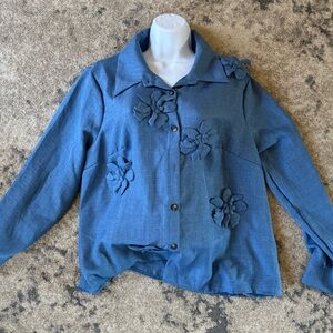 Source Unknown Blue Button Down Shirt with Floral Accents